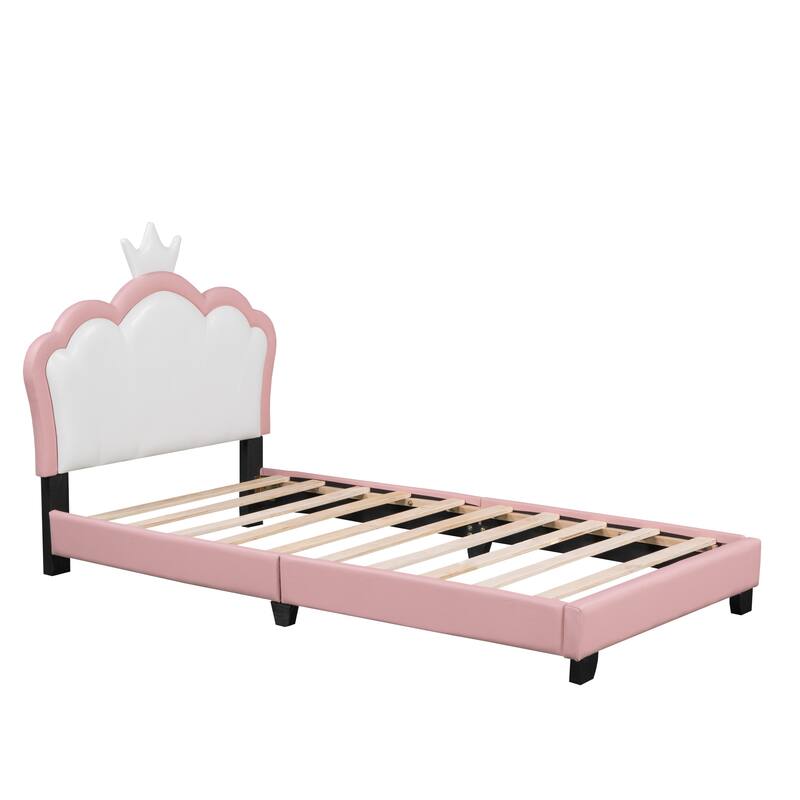Twin Upholstered Platform Bed with Crown-Shaped Headboard, Pink & White Princess Design, Sturdy PU Leather Frame