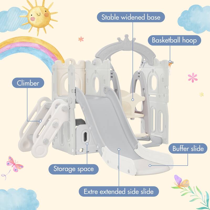 5 In 1 Toddler Slide And Swing Set, Freestanding Climber Slide Playset With Basketball Hoop, Indoor Outdoor Playground