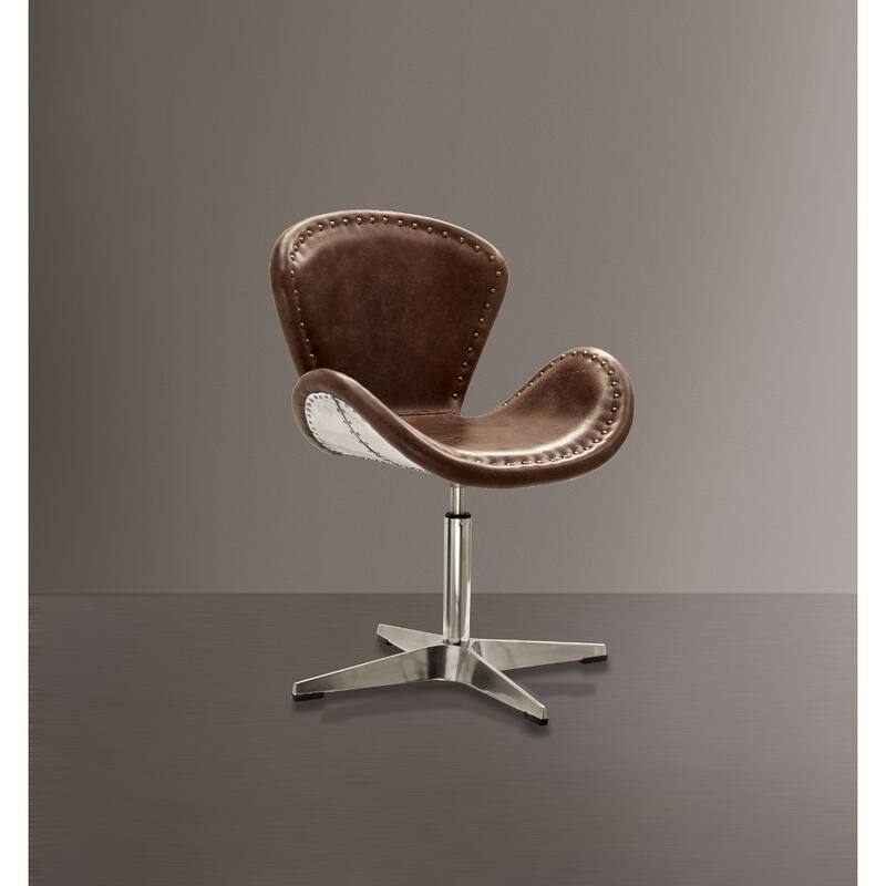 Retro Top Grain Leather Accent Chair with Swivel, Brown & Silver