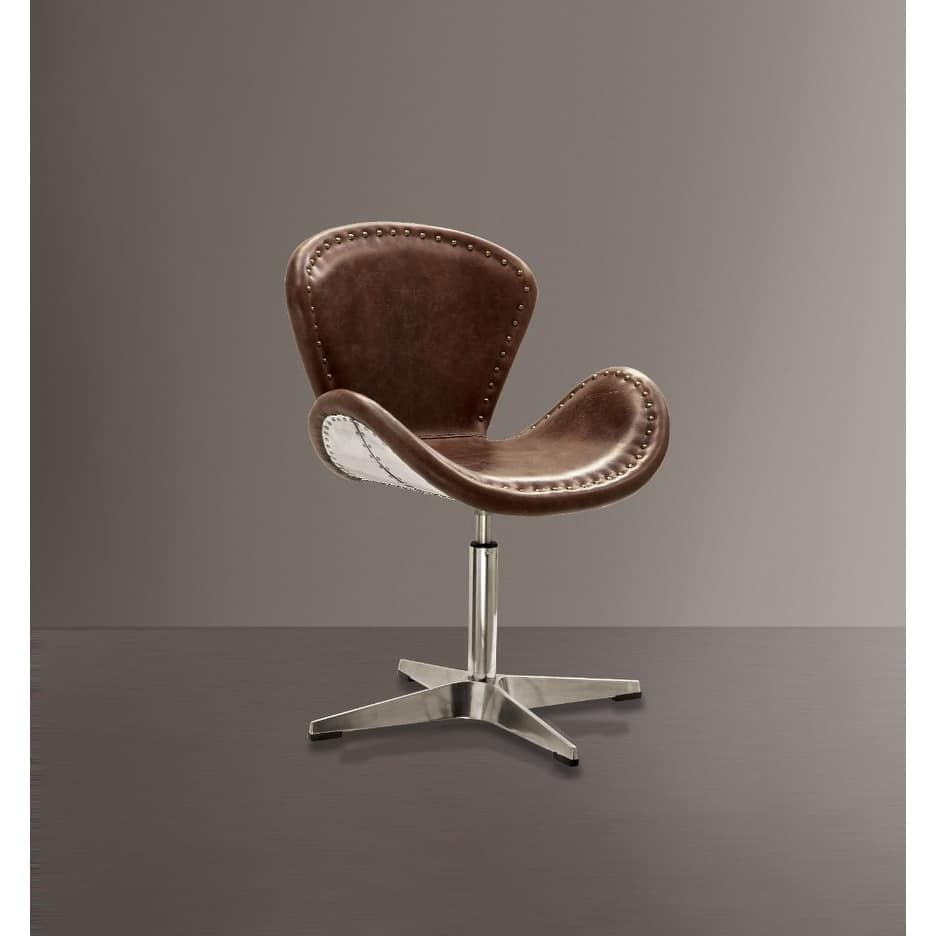 Retro Top Grain Leather Accent Chair with Swivel, Brown & Silver