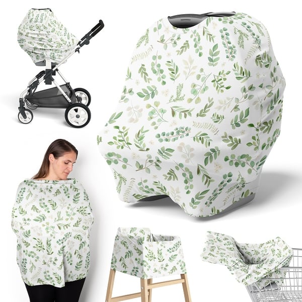 slide 2 of 6, Sweet Jojo Designs Floral Leaf Boy Girl 5 in 1 Baby Car Seat Nursing Cover Green White Boho Bohemian Watercolor Flower Woodland