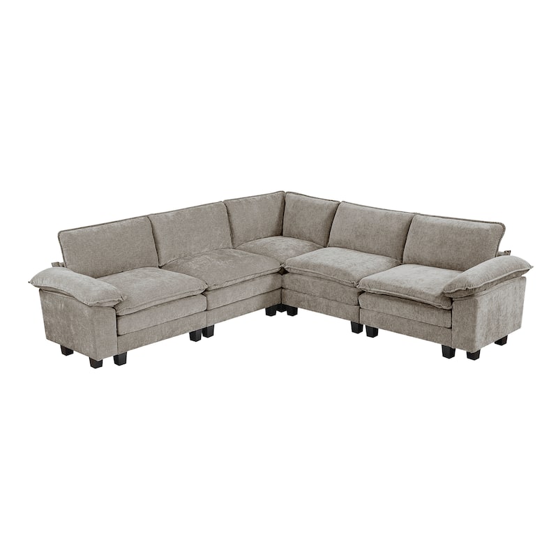 Terra Chenille 5-Piece Modular Sectional Sofa - Wood Finish Feet - Dark Pewter