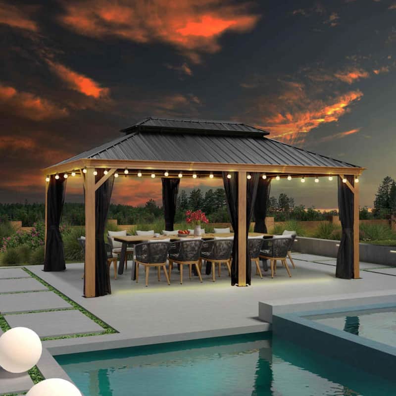 PURPLE LEAF Hardtop Gazebo Galvanized Steel Roof Gazebo Pergola w Wooden Coated Alumninum Frame and Mosquito Net