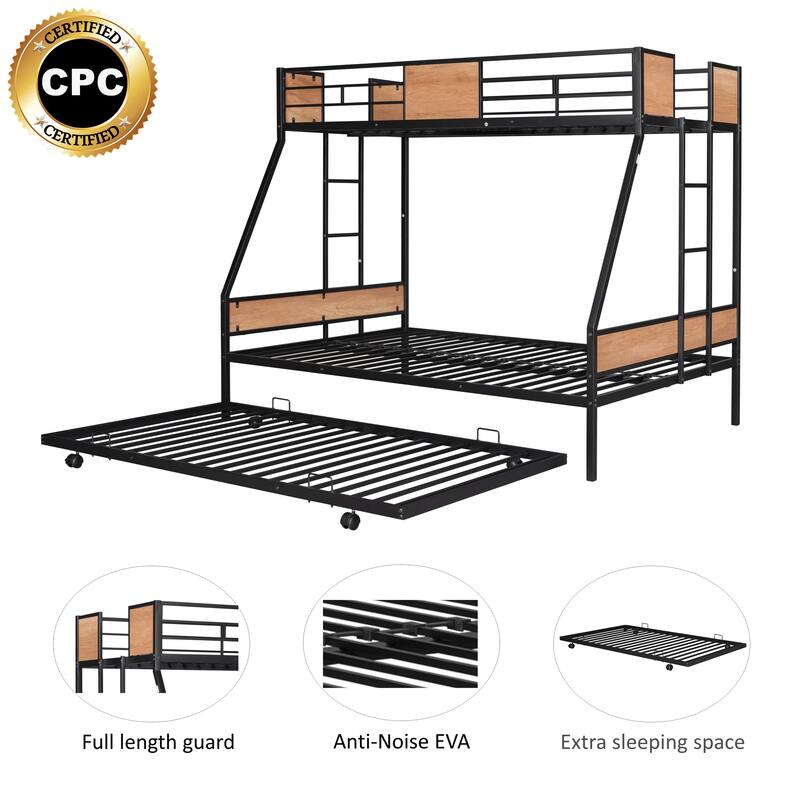 Twin over Full Metal Bunk Bed with Trundle, Heavy-duty Metal Bedframe