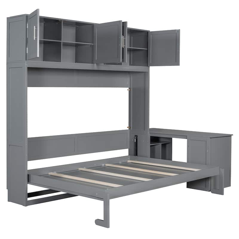 Queen Size Murphy Bed with Storage Shelves and 2 Storage Cabinets, Wooden Foldable Wall Bed Frame with Desk & Hydraulic Lift