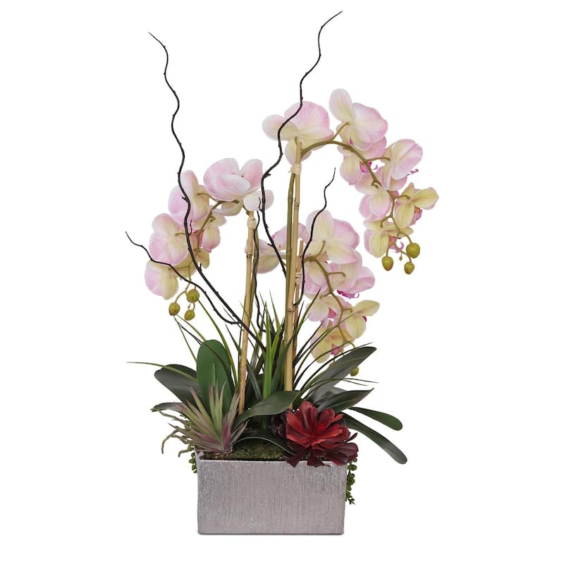 Real Touch Pink Orchid and Succulent Arrangement in Square Silver Pot - 17W x 11D x 19.75H