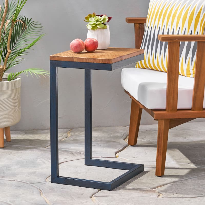 Roomfitters C-Shaped Side Table, Industrial End Table with Natural Wood Top and Blue Metal Frame for Sofa or Bedside, Natural