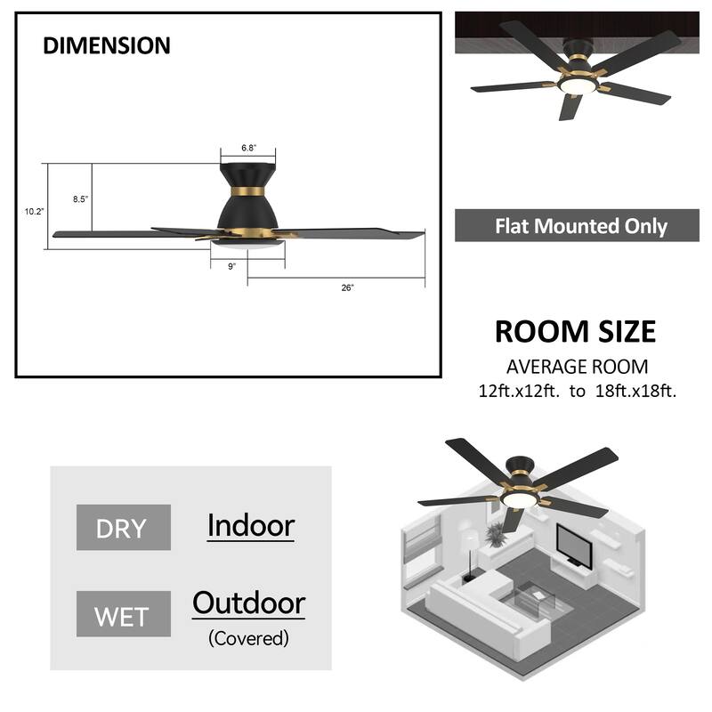 CARRO Joule 52" 5-Blade Smart Ceiling Fan with Light and Remote-Flush Mount
