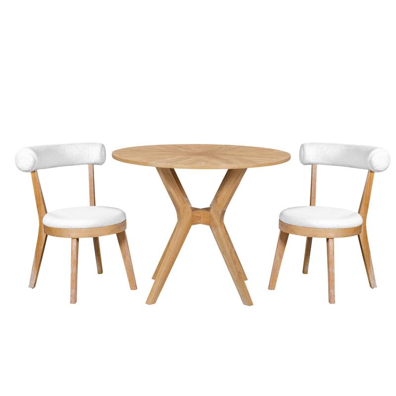 Mid-Century Modern 39.4" Round Dining Table Set with 2 Chairs, Intersecting Wooden Legs, Rubberwood & Plywood Construction - Beige+Natural