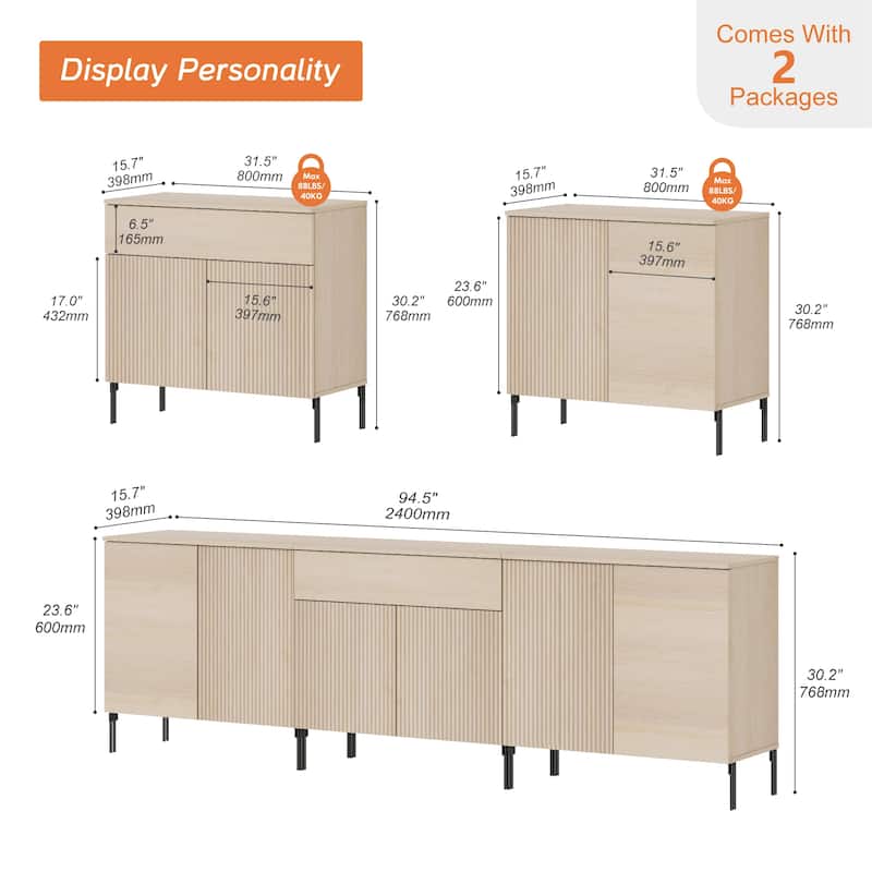 94.5" Modern Reeded Dresser TV Stand For Tvs Up To 100 Inch, Entertainment Center With Adjustable