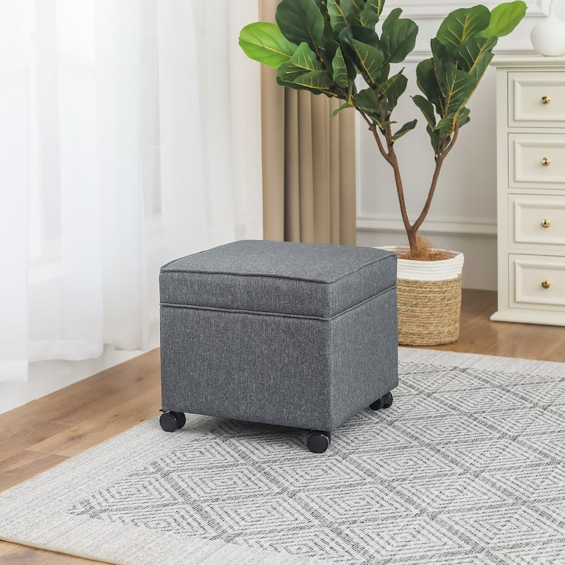 Adeco Square Storage Ottoman 17 inch Footstool - Grey-with-Casters-Linen