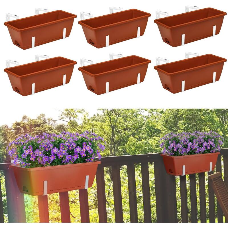 16.9 Inch Balcony Railing Planter Box - White-Red - 6PCS