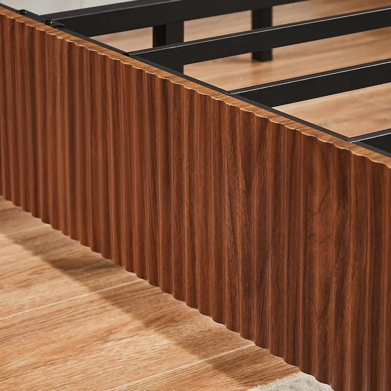 Queen Size Wooden Bed Frame with Corrugated Curved Lines - No Box Spring Needed