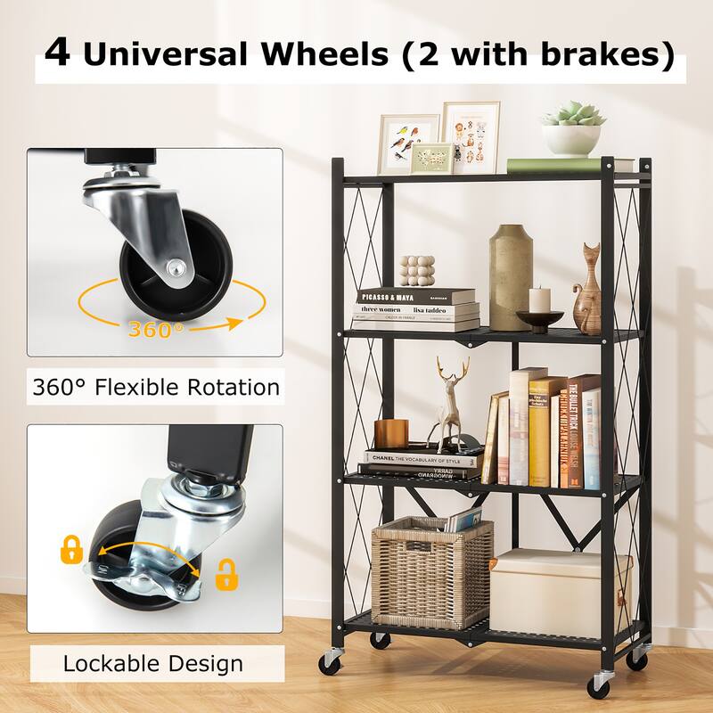 Gymax 4-tier Foldable Storage Shelving Unit w/4 Universal Wheels for