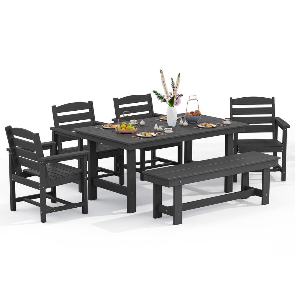 6-Piece HDPE Outdoor Dining Table Sets with Umbrella Hole - 1-Table 4-Chairs-1-Bench
