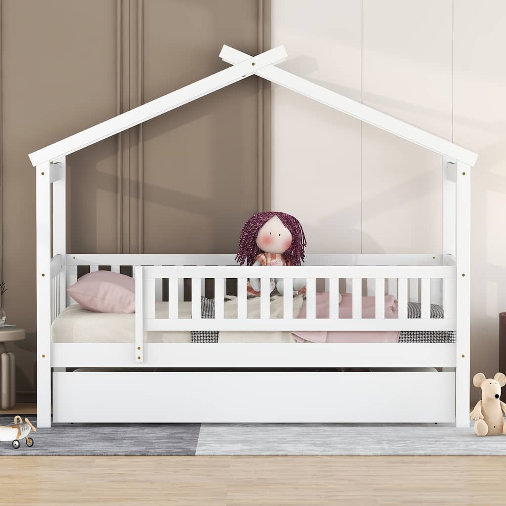 Funny Twin Size House Bed with Trundle, Wooden Platform Bed Trundle Bed with Guardrail and Roof for Kids Bedroom