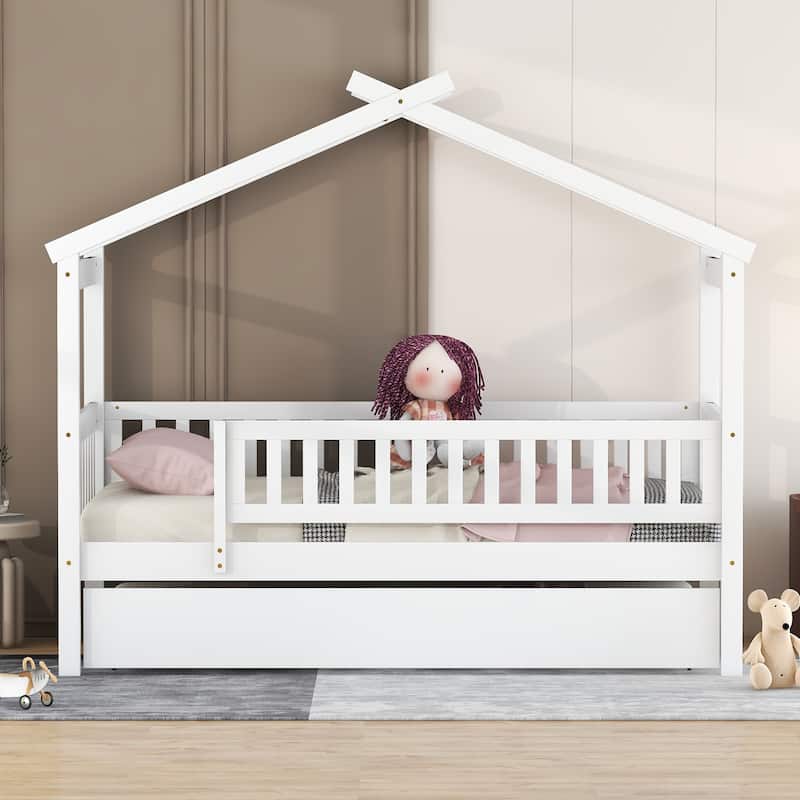 Wooden House Bed with Twin Size Trundle