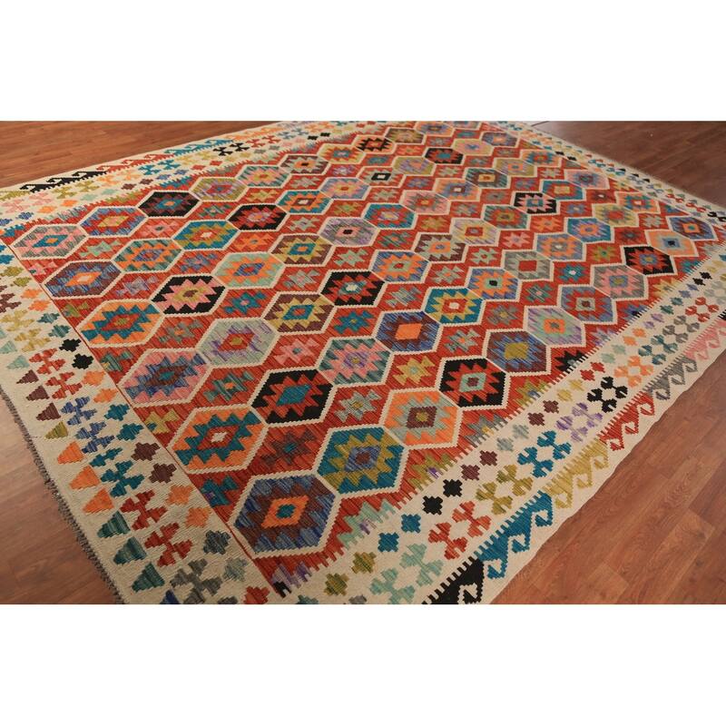 All-Over Geometric Kilim Oriental Area Rug Hand-Woven Wool Carpet - 8'8"x 11'3"