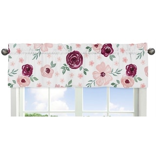 Burgundy and Pink Watercolor Floral Window Curtain Valance - Blush Maroon Wine Rose Green and White Shabby Chic Flower Farmhouse