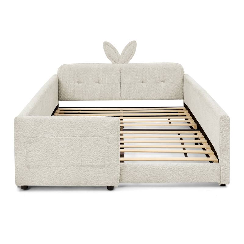 Full Size Upholstered Platform Bed with Cute Rabbit Ear Shaped Headboard, with Safety Rail and Pocket, Boucle Fabric