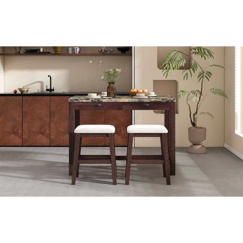 5-Pc Faux Marble Dining Set with 4 Upholstered Chairs and Storage, Walnut