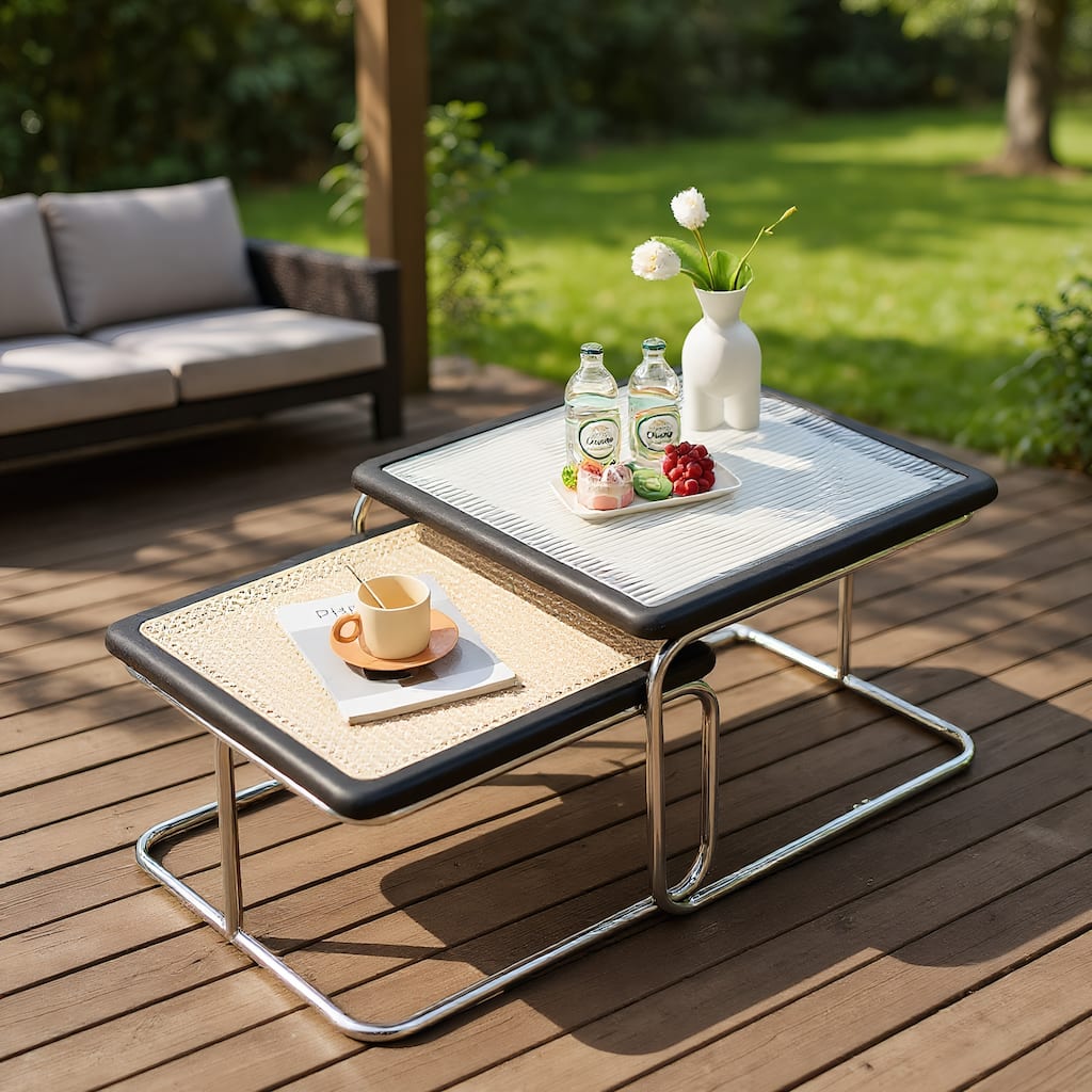 Modern Rattan & Glass Nesting Small Dining Table Black Coffee Tables