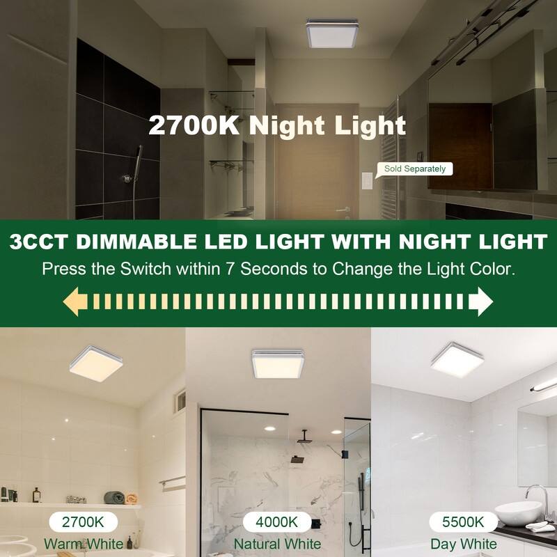 Akicon Bathroom Exhaust Fan with Light, 18W Dimmable 3CCT LED Light with 3.5W Night Light