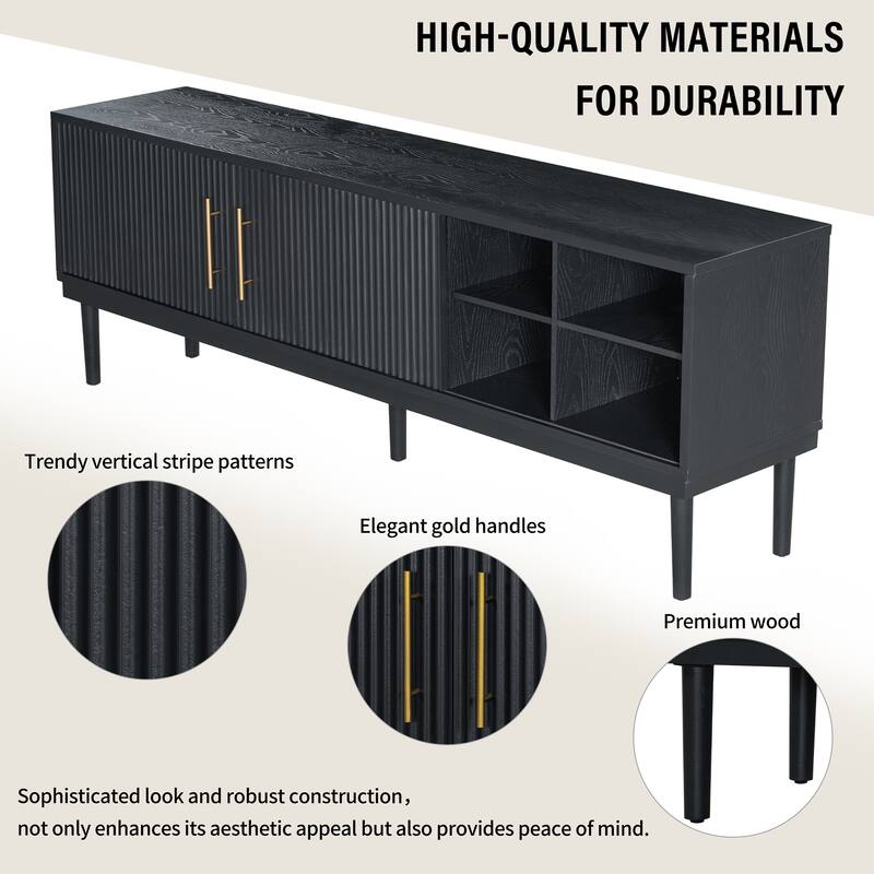 74.90" Wood TV Stand, Sliding Doors Media Cabinet with Gold Metal Handle, Media Console Table with Solid Wood Legs