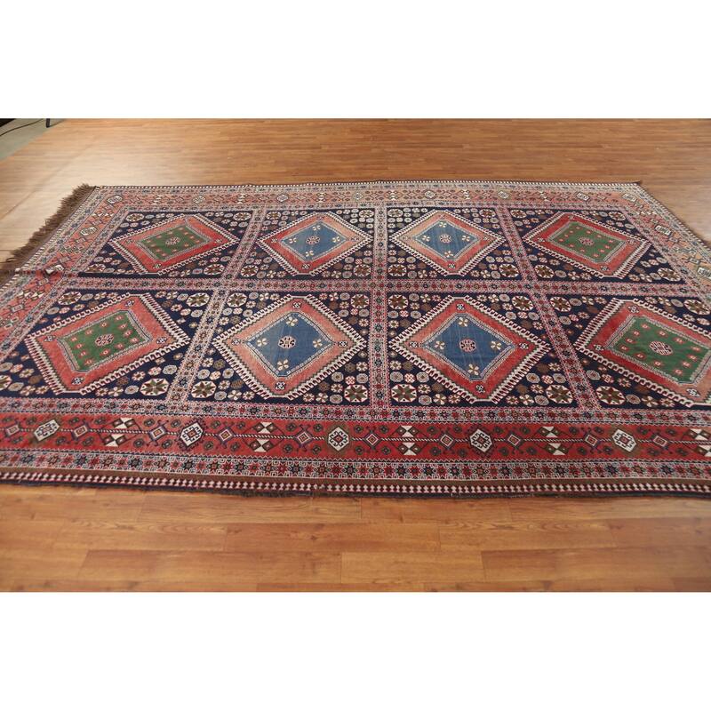 Hand Knotted Oriental 100% Wool Carpet Traditional Geometric Navy Blue & Blues Yalameh Area Rug - 10' 11'' X 7' 6''
