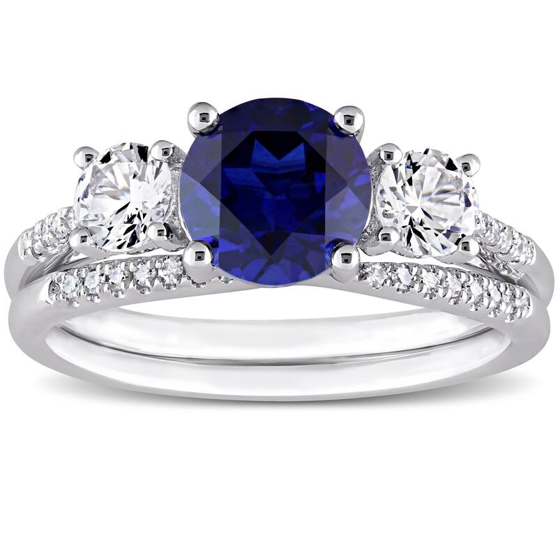 Miadora 10k White Gold Created Blue White Sapphire & 1/10ct TDW Diamond 3-Stone Bridal Ring Set