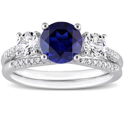 Miadora 10k White Gold Created Blue White Sapphire & 1/10ct TDW Diamond 3-Stone Bridal Ring Set