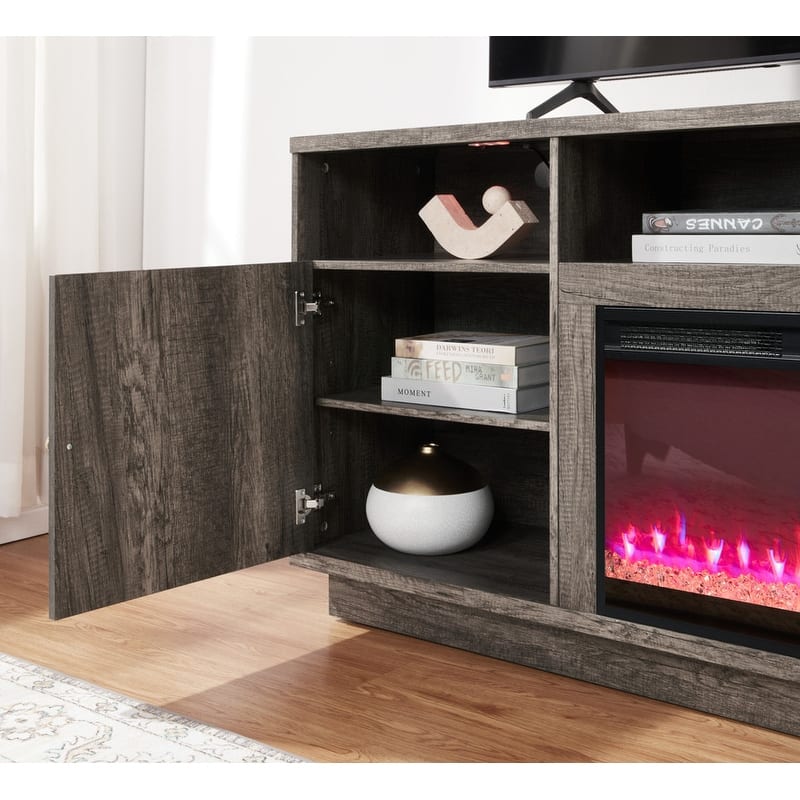 Ambrose 70"W White Walnut Finish Fireplace Console TV Stand with LED Light, Cabinets, Shelves