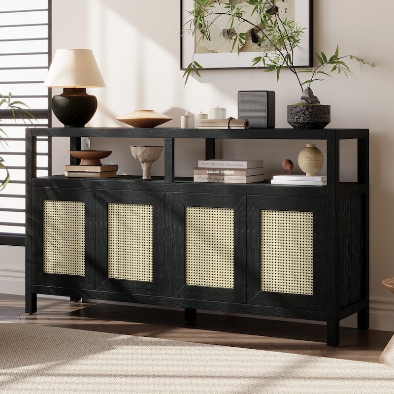Bohemian Style Rattan Buffet Cabinet with Solid Wood Frame,3-position Adjustable Shelves,No-Handle Push-to-Open Design - Black