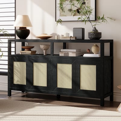 Bohemian Style Rattan Buffet Storage Cabinet with Solid Wood Frame, Sideboard with 3-position Adjustable Shelves