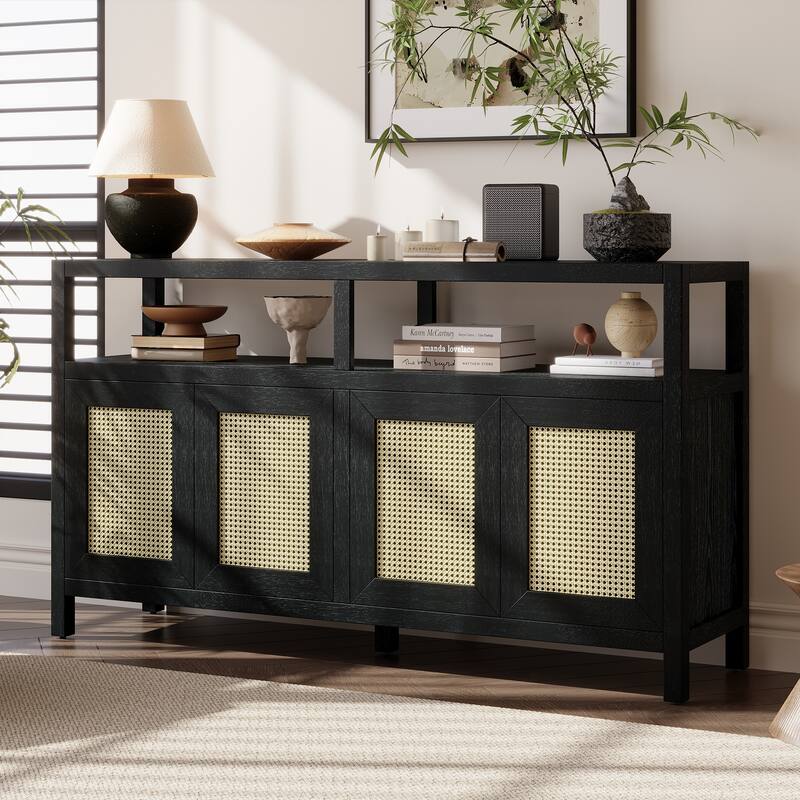 Bohemian Style Rattan Buffet Storage Cabinet with Solid Wood Frame, Sideboard with Adjustable Shelves for Living & Dining Rooms - Black