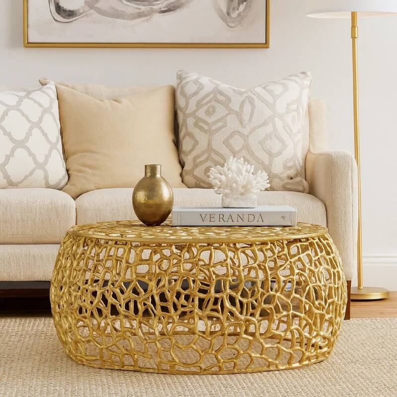 Coffee Table, 28 Inch Round Plinth Mesh Design, Open Gold Metal Frame