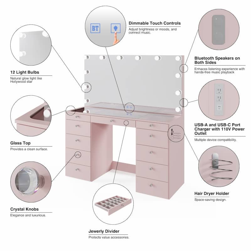 Makeup Vanity Desk, Glass Top, 12 LED Lights BT Speakers & 11 Drawers