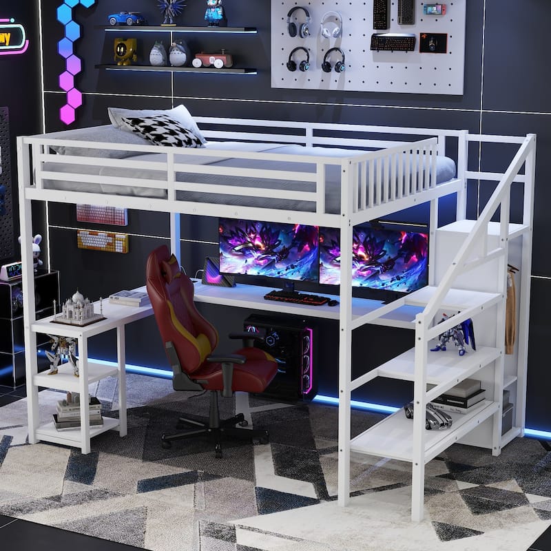 Metal Queen Loft Bed with Wardrobe and LED Light, Queen Size Loft Bed with L Shaped Desk and USB for Kids Teens Adults