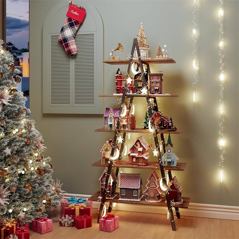 5-Tier Ladder Bookshelf - 13.8"D x 35.8"W x 65"H