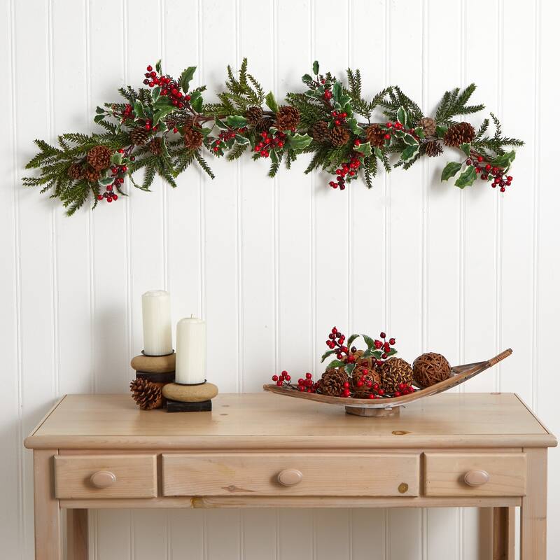 Holiday Holly Berry Garland 54 Inch - Festive Christmas Decor for Home, Mantel, and Fireplace