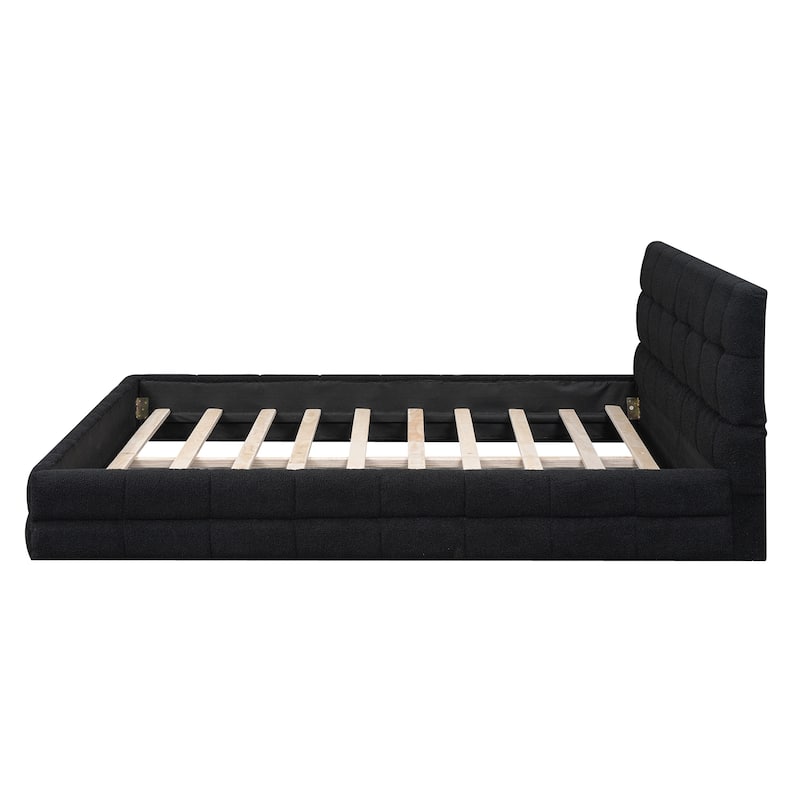 Upholstered Low Profile Bed Frame, Queen Size Platform Bed with Futon Design Headboard and Wooden Slat Support