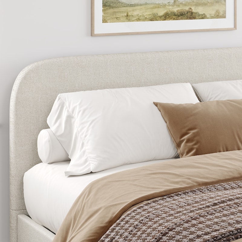 King Size Beige Linen Upholstered Platform Bed Tall Tufted Headboard & High Footboard Minimalist Storage Bed Frame w/Drawers