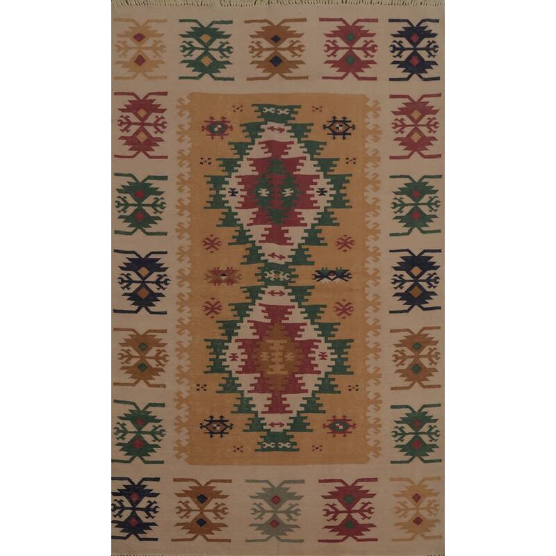 Hand Woven Oriental 100% Wool Carpet Southwestern Tribal Oranges & Rust Kilim Area Rug - 6' 4'' X 4' 4''