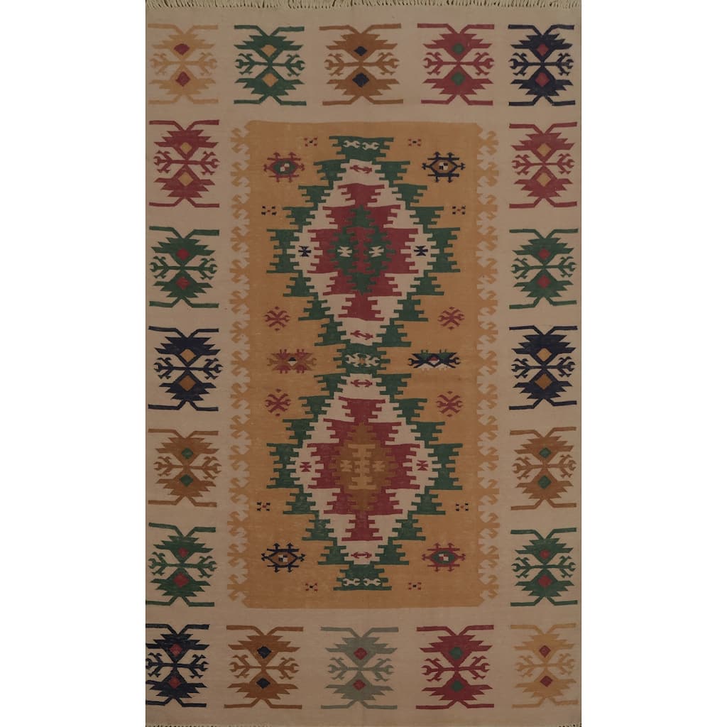 Hand Woven Oriental 100% Wool Carpet Southwestern Tribal Oranges & Rust Kilim Area Rug - 6' 4'' X 4' 4''