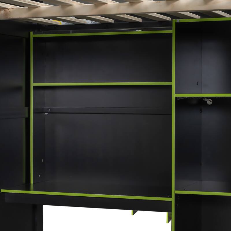 All-in-one Full Size Wood Loft Bed for Gaming & Workspace with Desk, Open Wardrobe, Storage Compartments and RGB Light Strip