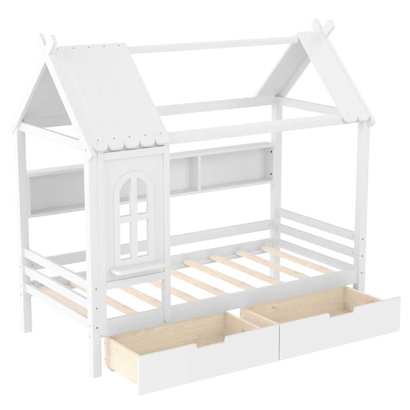 Charming House Bed for Girls, Boys Low Platform Bed Frame with Under-bed Drawers, Storage Shelves, Window and Roof