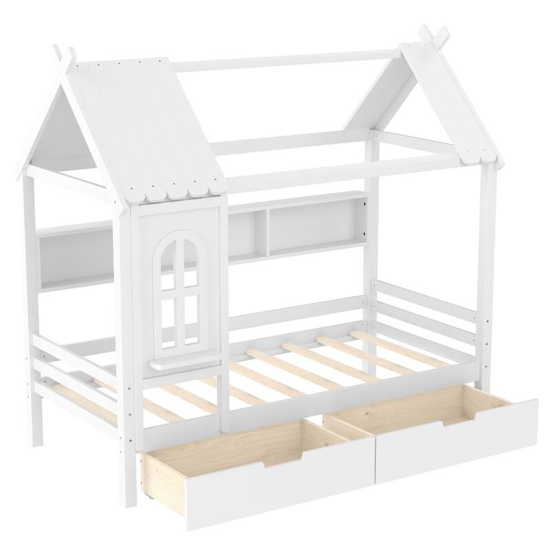 Twin house Beds with Storage Drawers and Window, Solid Wood House Platform Bed Frame with shelves