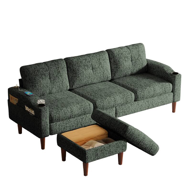 Green 3-Seater Convertible Combination L-Shaped Sofa with Footstools and Storage