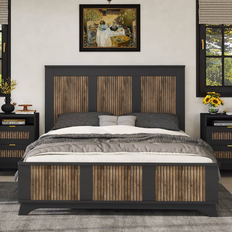 Modern Platform Bed With Wooden Strip Decoration