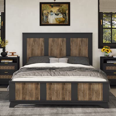 Roomfitters Farmhouse Wooden Platform Queen Size Bed, Modern Platform Bed with Wooden Strip Stickers Decoration, Black